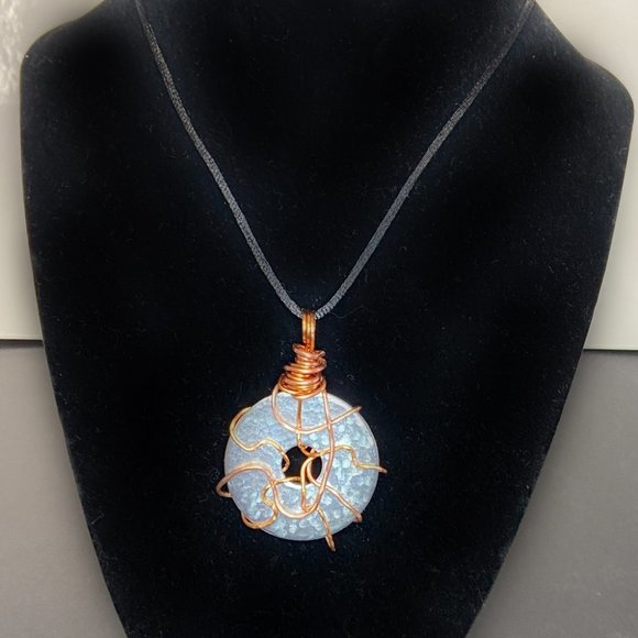 Copper Wire Wrapped Hammered Stainless Steel Washer Pendant on Satin Cord - Picture 3 of 9